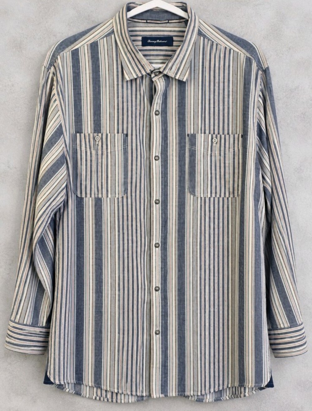 Tommy Bahama Men's XXL Linen Long Sleeve Button Down Shirt Blue Striped